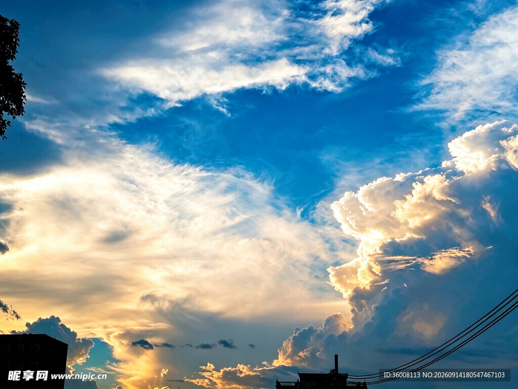 夕阳下的天空与电线景观