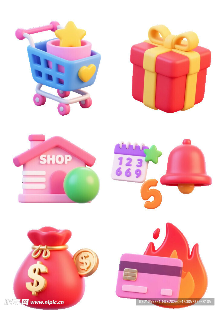 购物与财富相关3D图标集