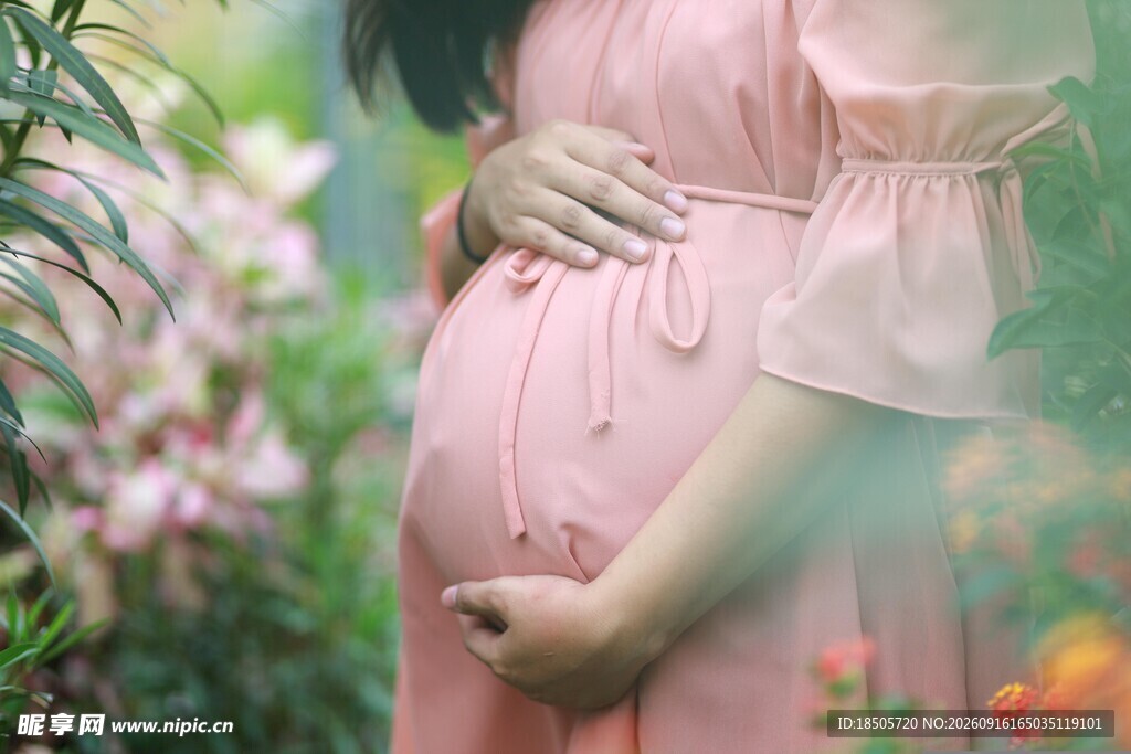 孕妇于花丛中轻抚隆起腹部
