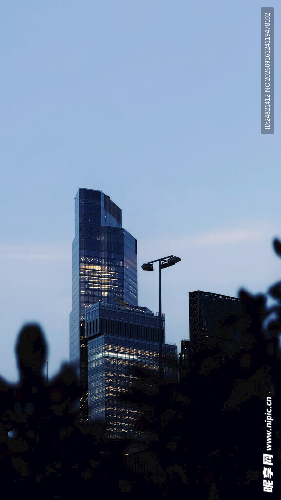 城市高楼与前景绿植景观