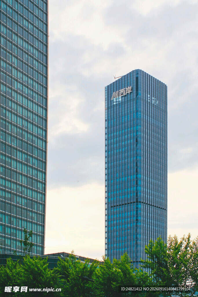 城市高楼与绿树景观