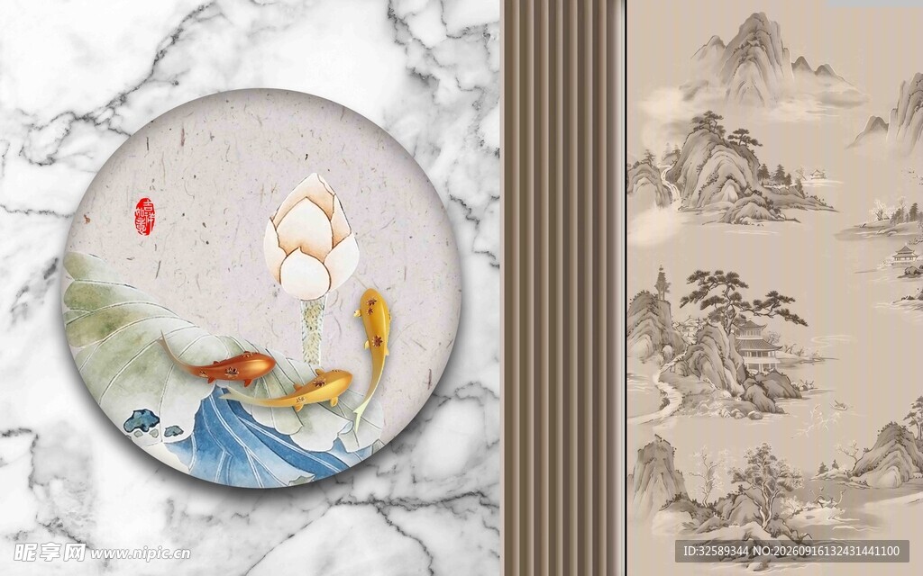 中式古典风圆形山水花鸟图