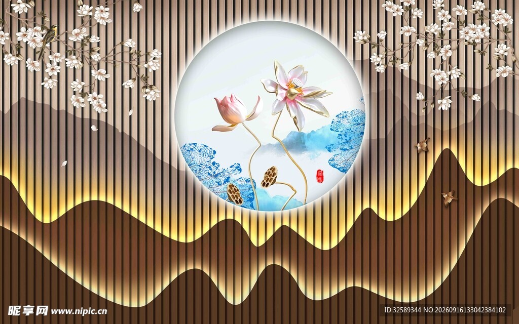 中式山水飞鸟荷花装饰图案