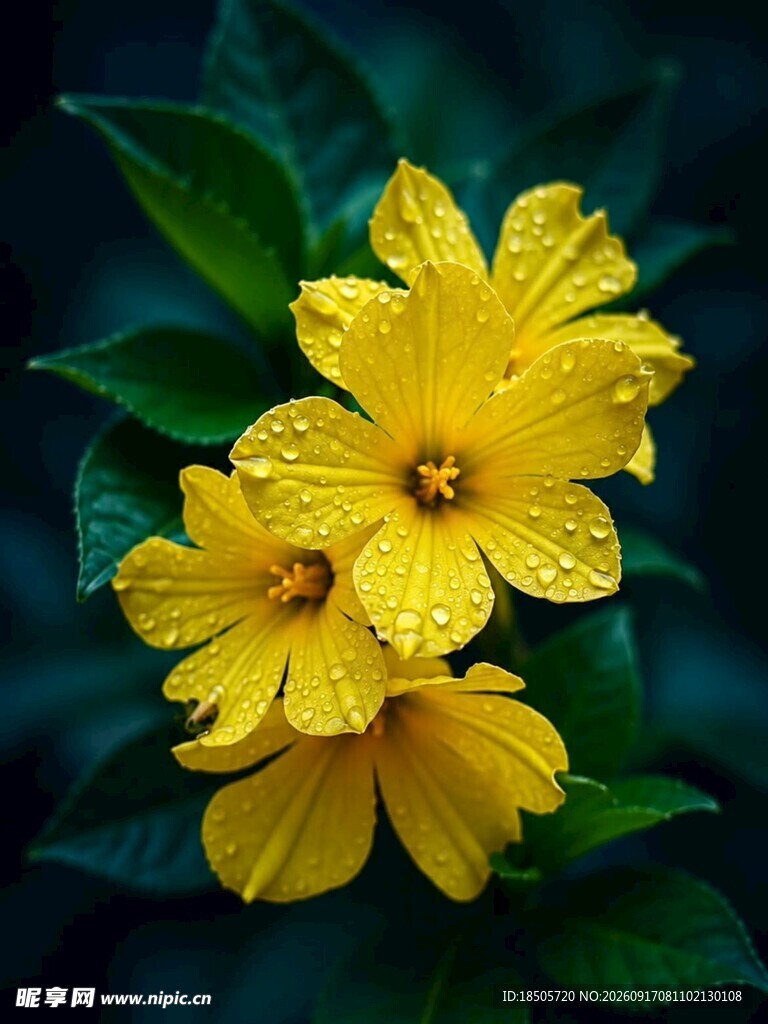 娇艳黄花朵带晶莹水珠