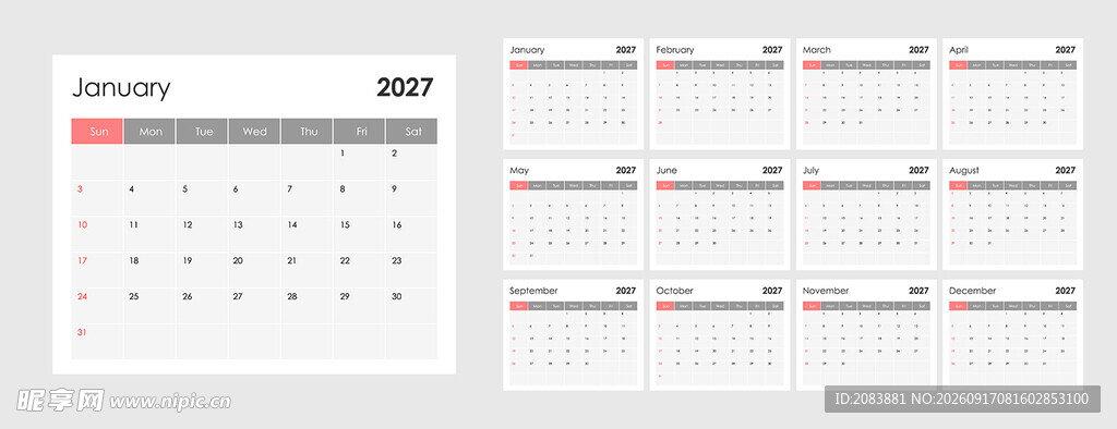 2027年简约日历模板设计展示