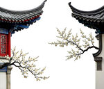 中式屋檐下的绽放花枝