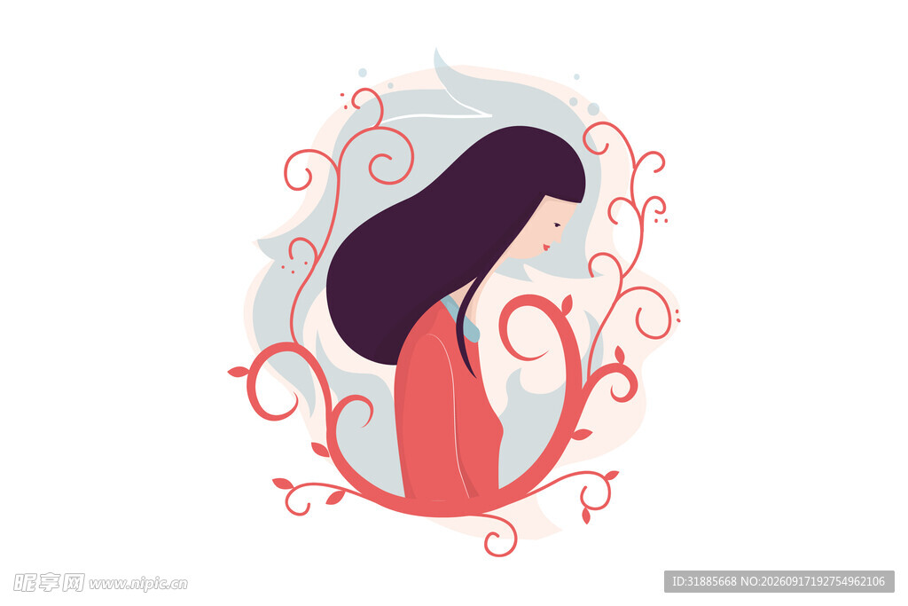 长发女子的梦幻花卉环绕图