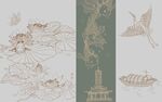 中式传统花鸟建筑线稿图