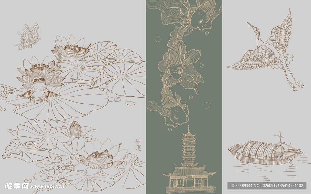 中式传统花鸟建筑线稿图