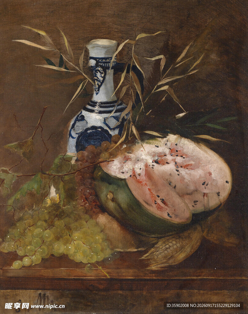 静物油画花瓶与西瓜