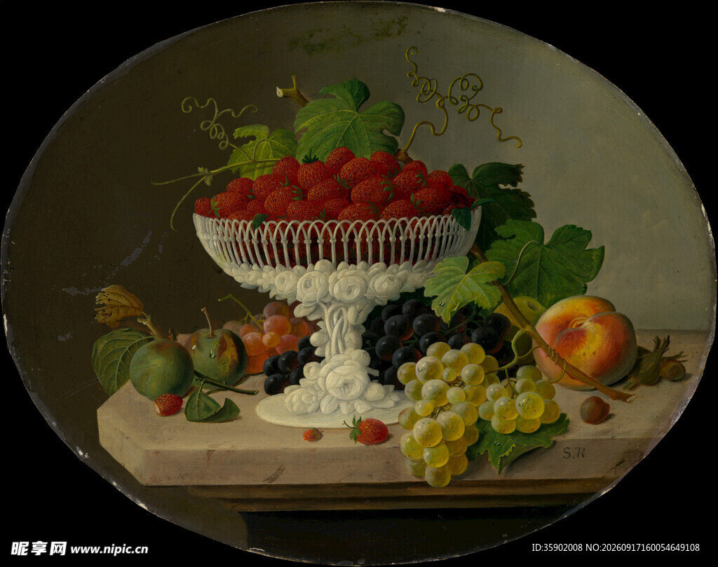 古典静物水果盘绘画作品