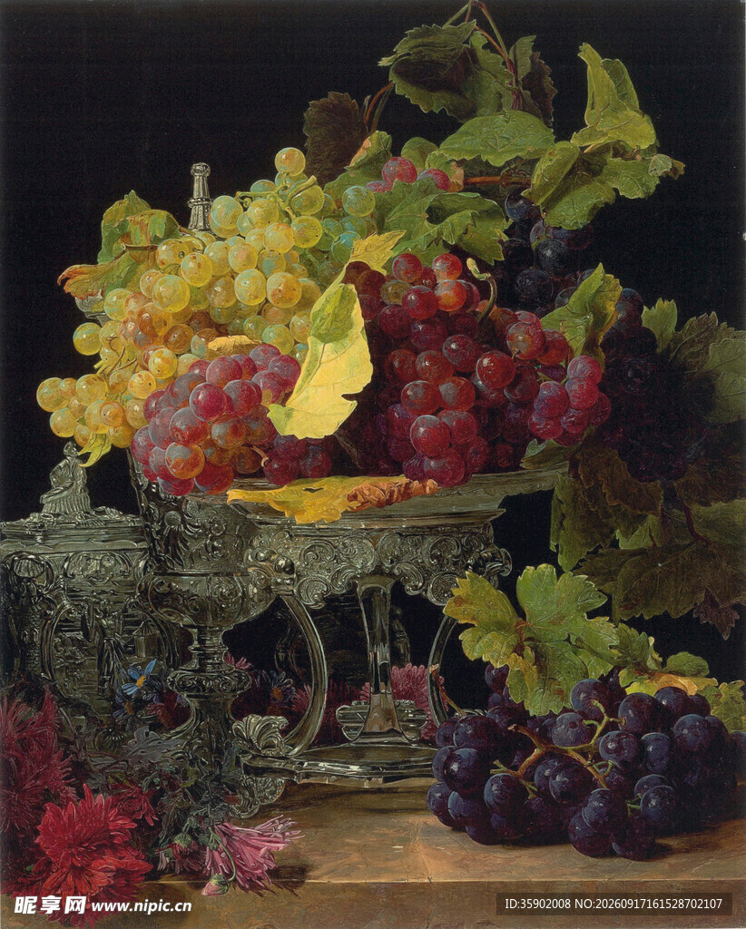 静物葡萄果盘油画作品