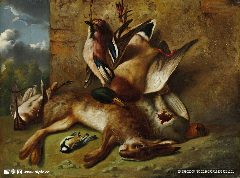 猎人狩猎场景油画