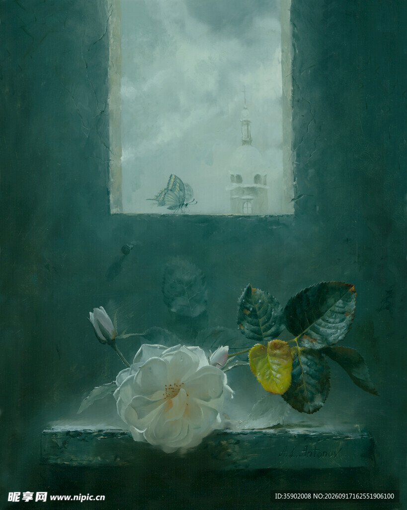 窗前花卉静物油画场景