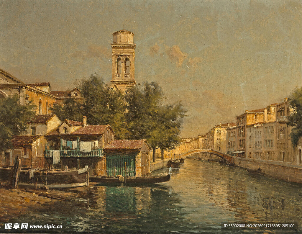 河畔钟楼风景油画