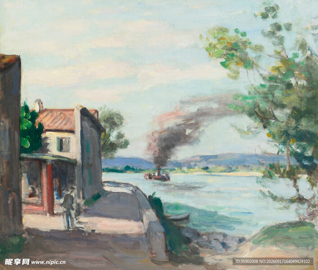 河畔小镇风景油画