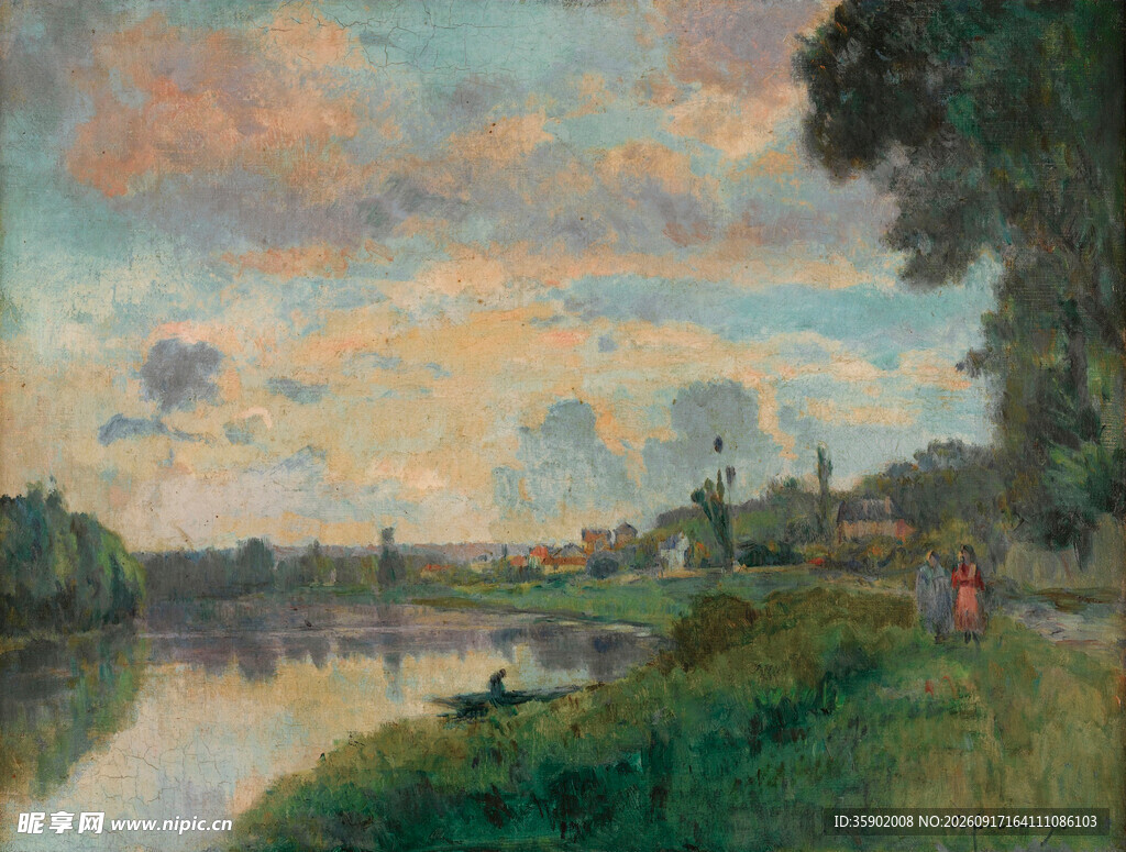 河畔风景油画