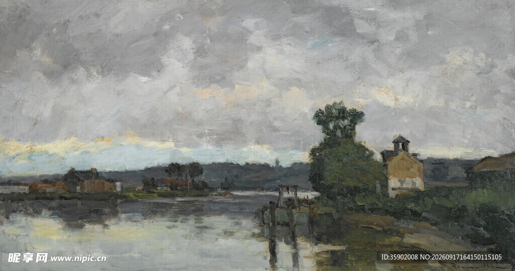 河畔风景油画