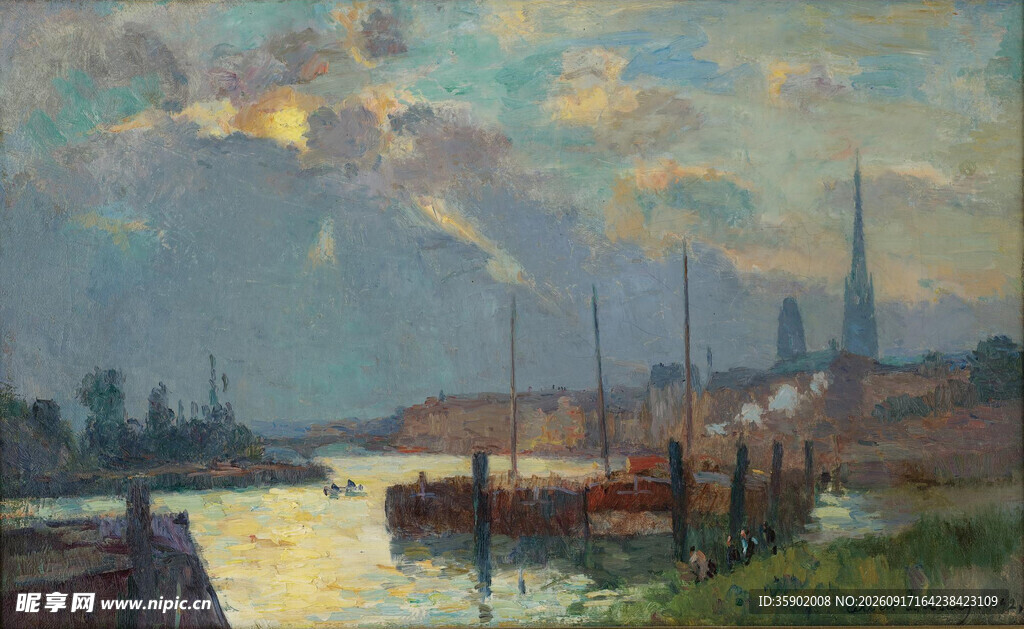 河畔码头风景油画