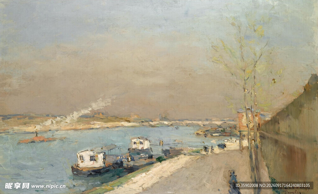 河畔船只风景油画