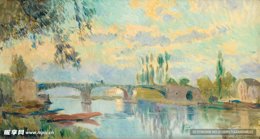 河畔风景油画