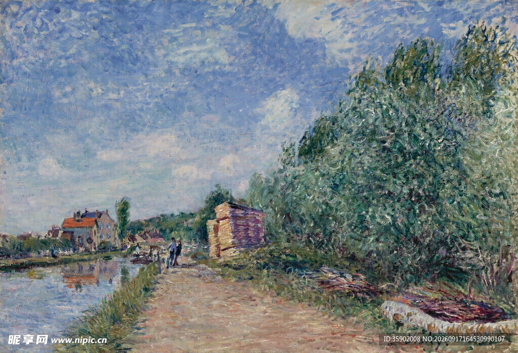 河畔风景油画
