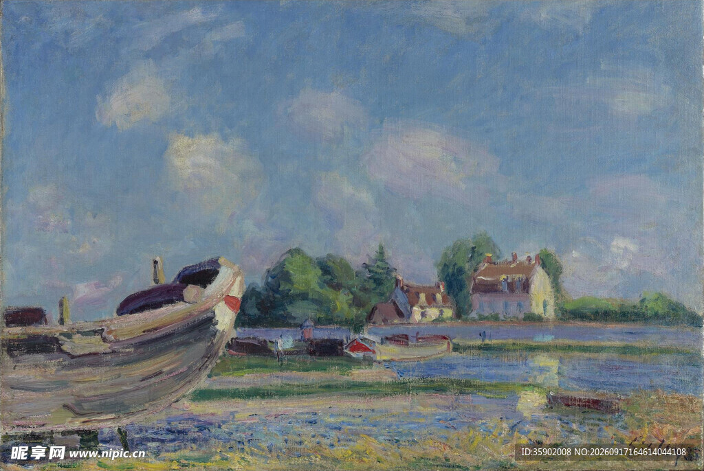 河畔小船风景油画