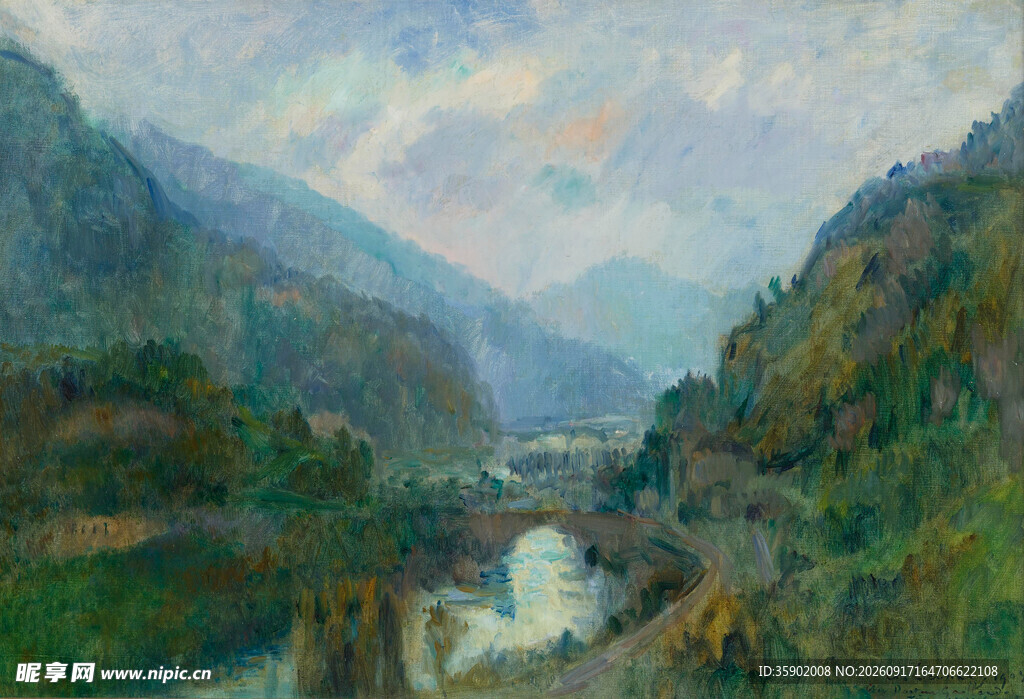 山间河谷风景油画
