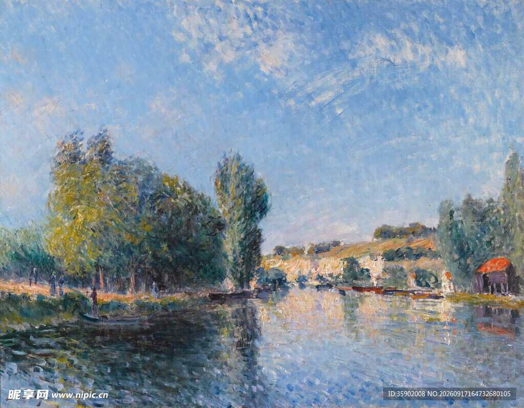 河畔风光油画美景