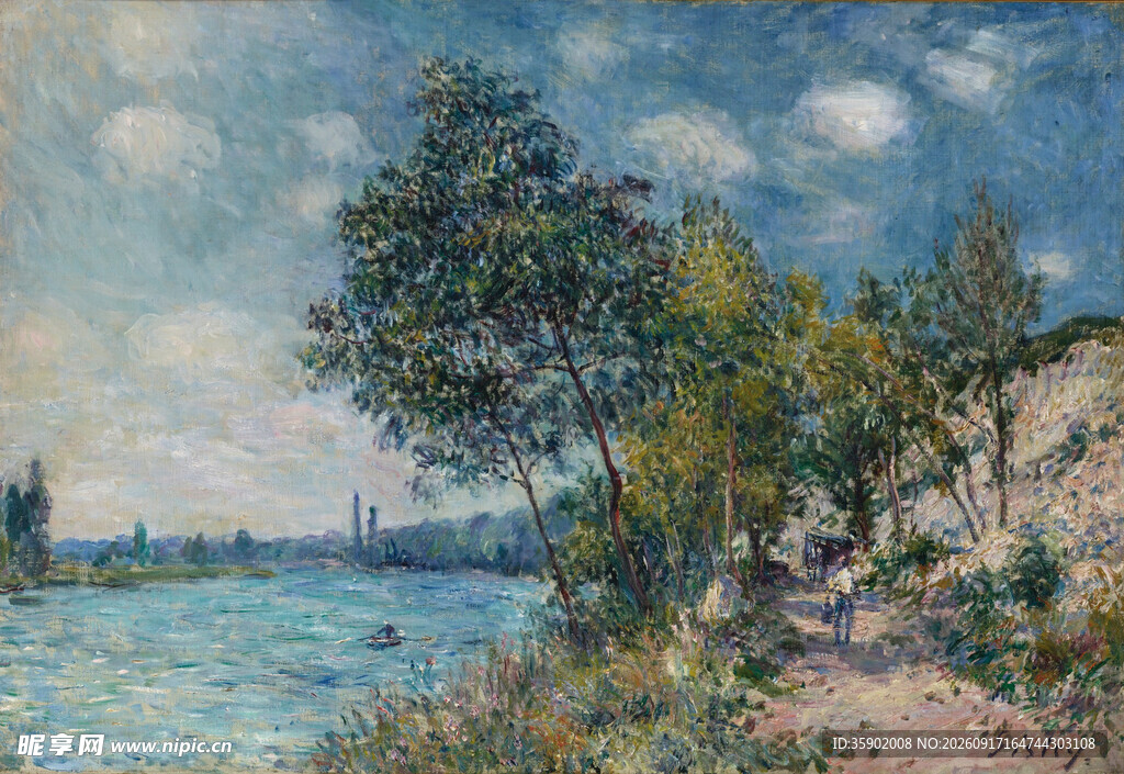 河畔风景油画