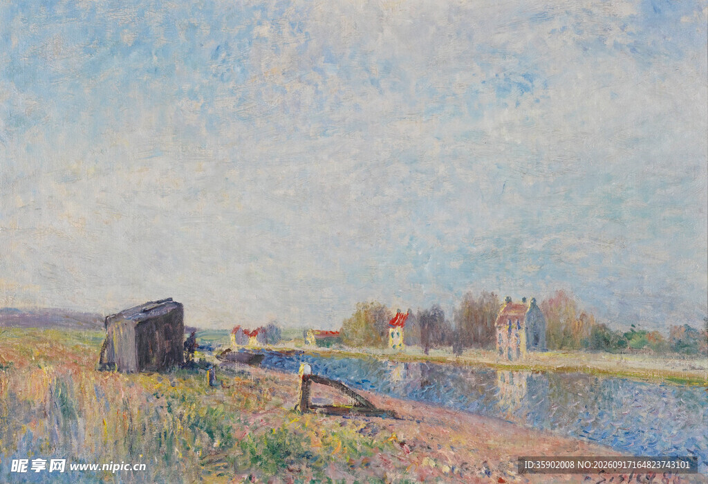 河畔小屋风景油画