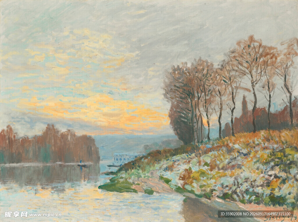 河畔秋景油画