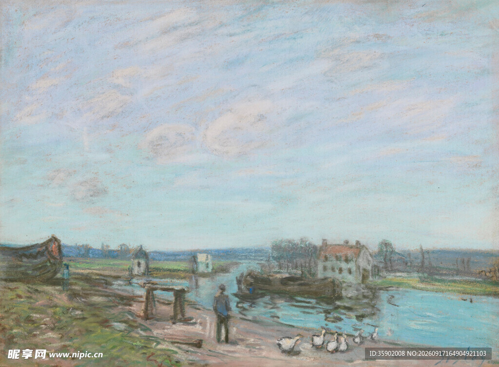 河畔风景油画