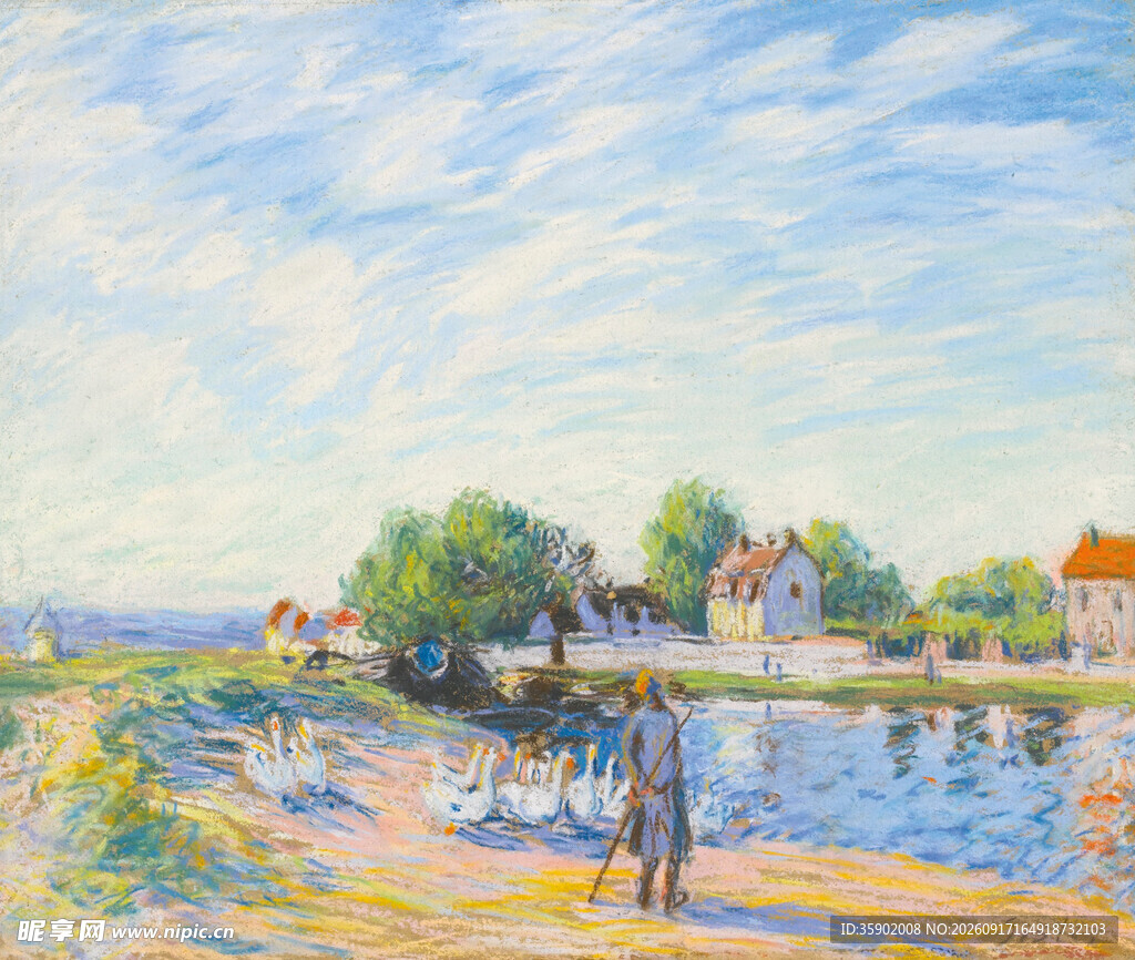 河畔风景油画