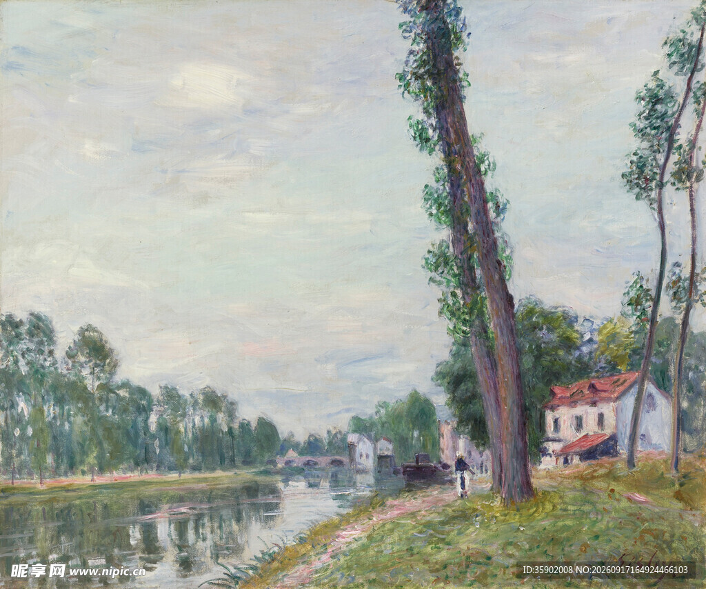 河畔风景油画