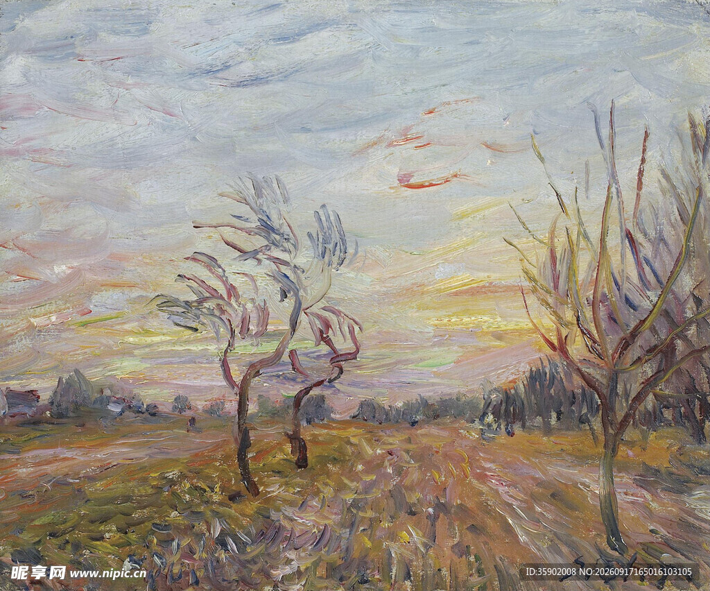 黄昏田野枯树风景油画