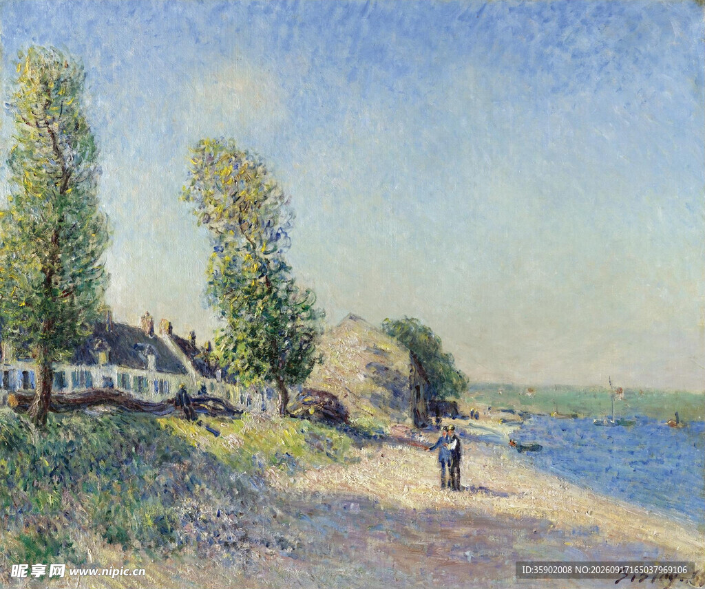 河畔漫步风景油画