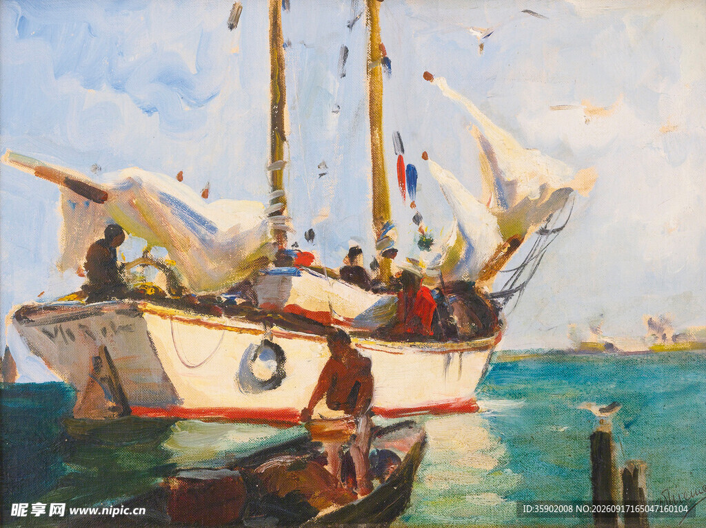 海上帆船与船员的航行场景