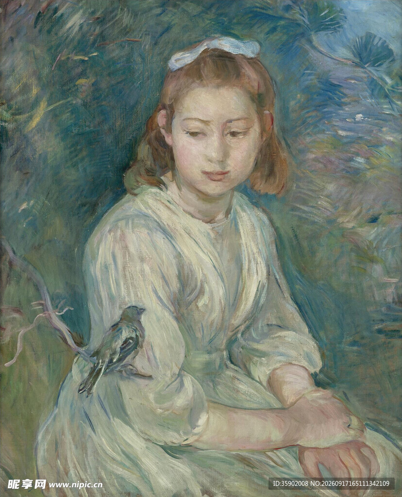 坐着的少女与小鸟