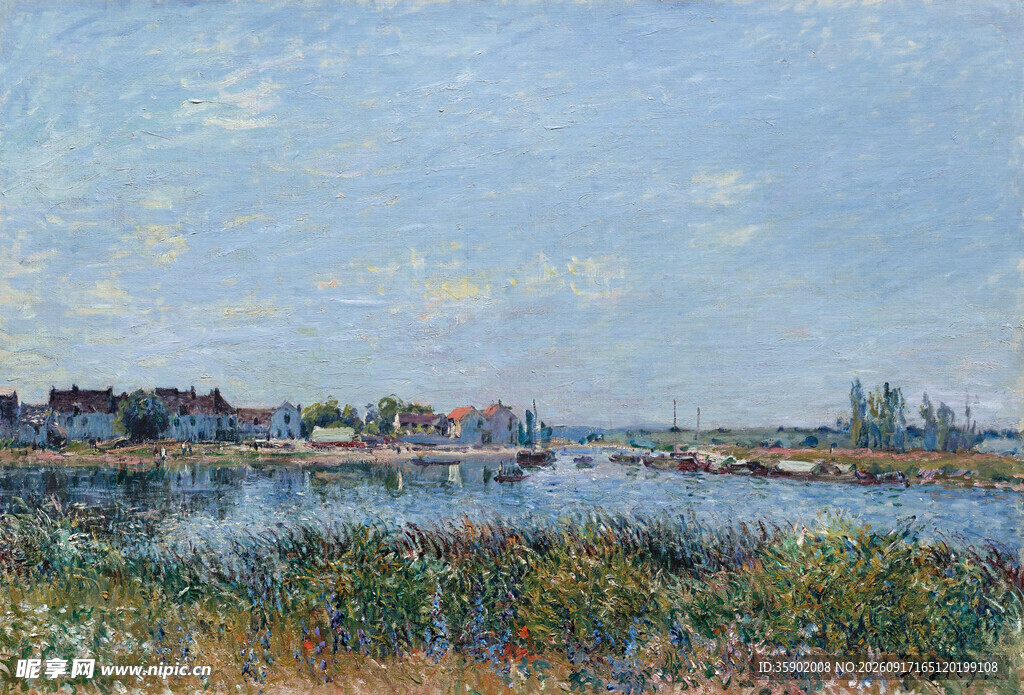 河畔风景油画