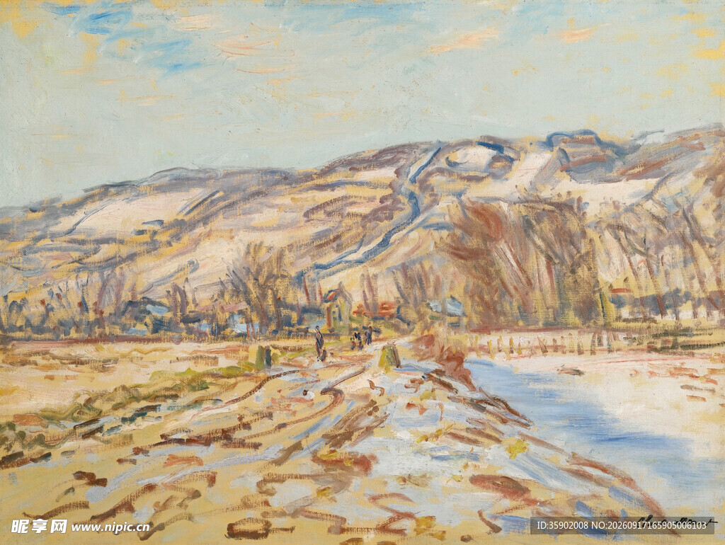 河畔山川风景油画