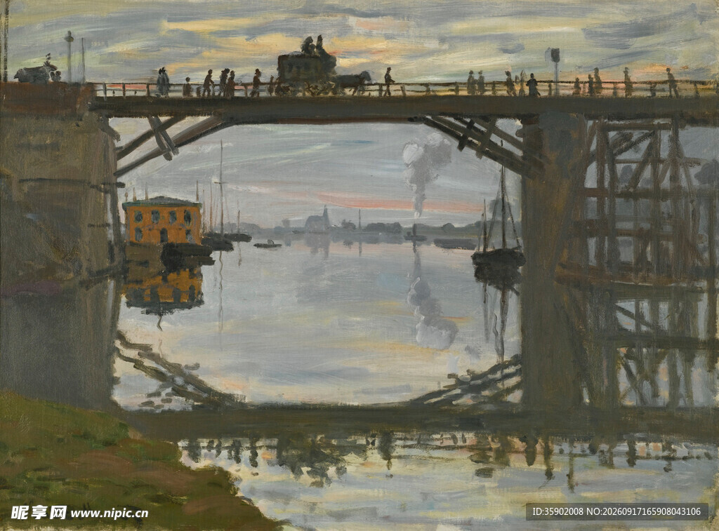 河畔桥梁风景油画