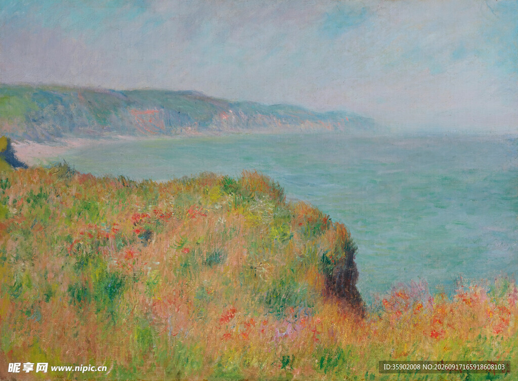 海边草地风景油画