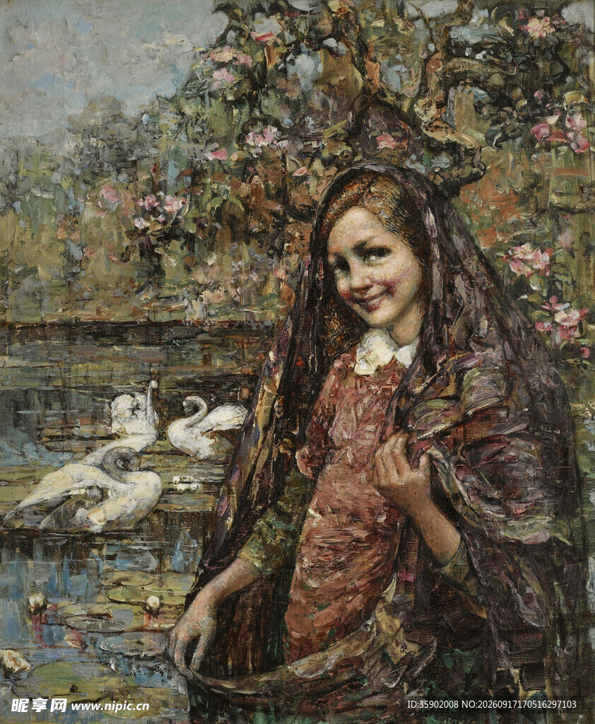 河畔提篮少女油画风景