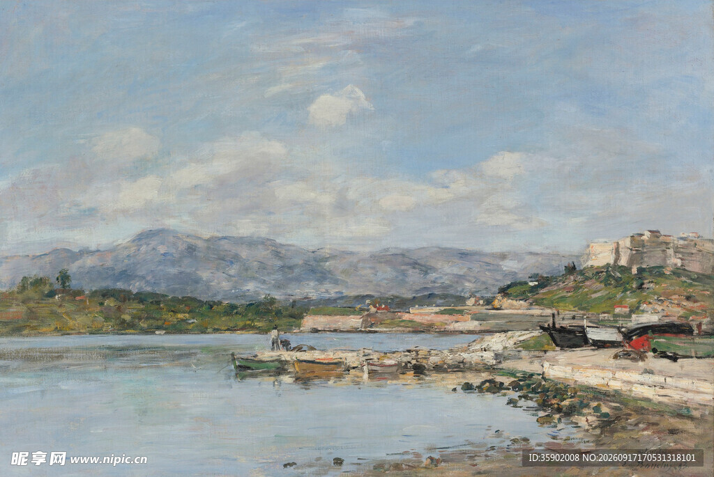 湖畔小镇风景油画
