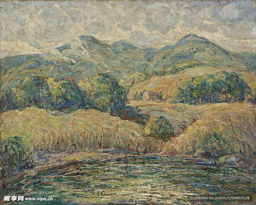 山间田野风景油画