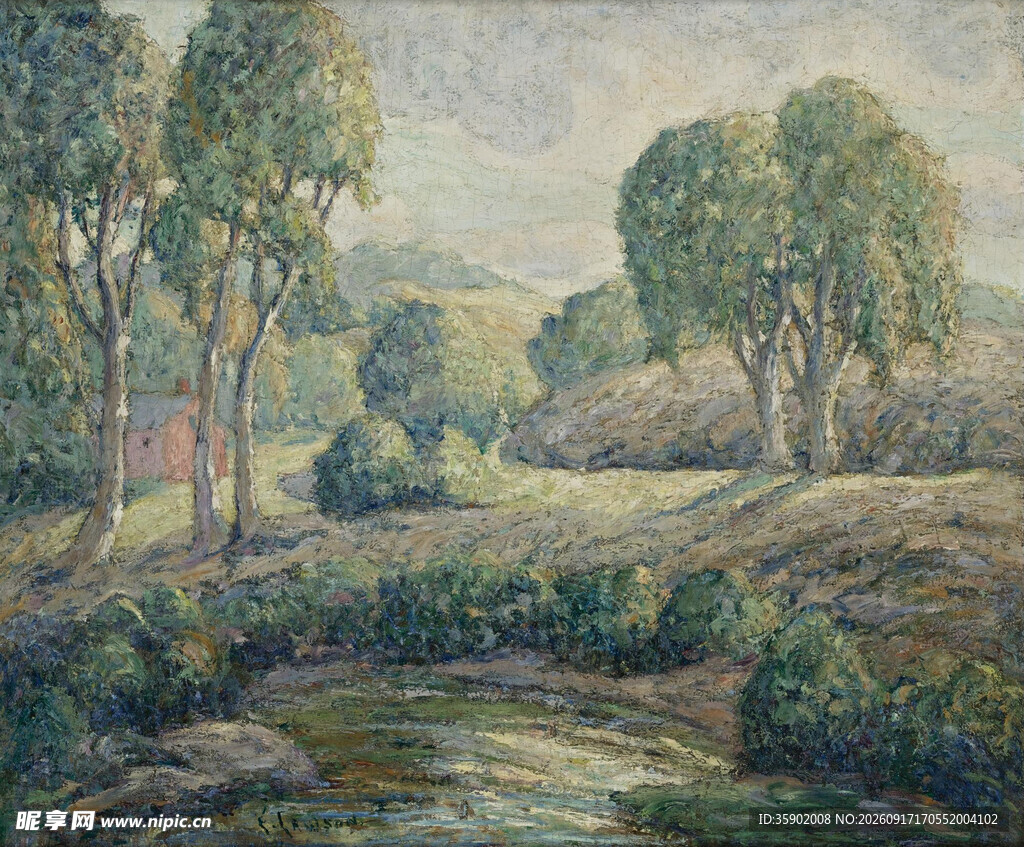 田园林间小溪风景油画