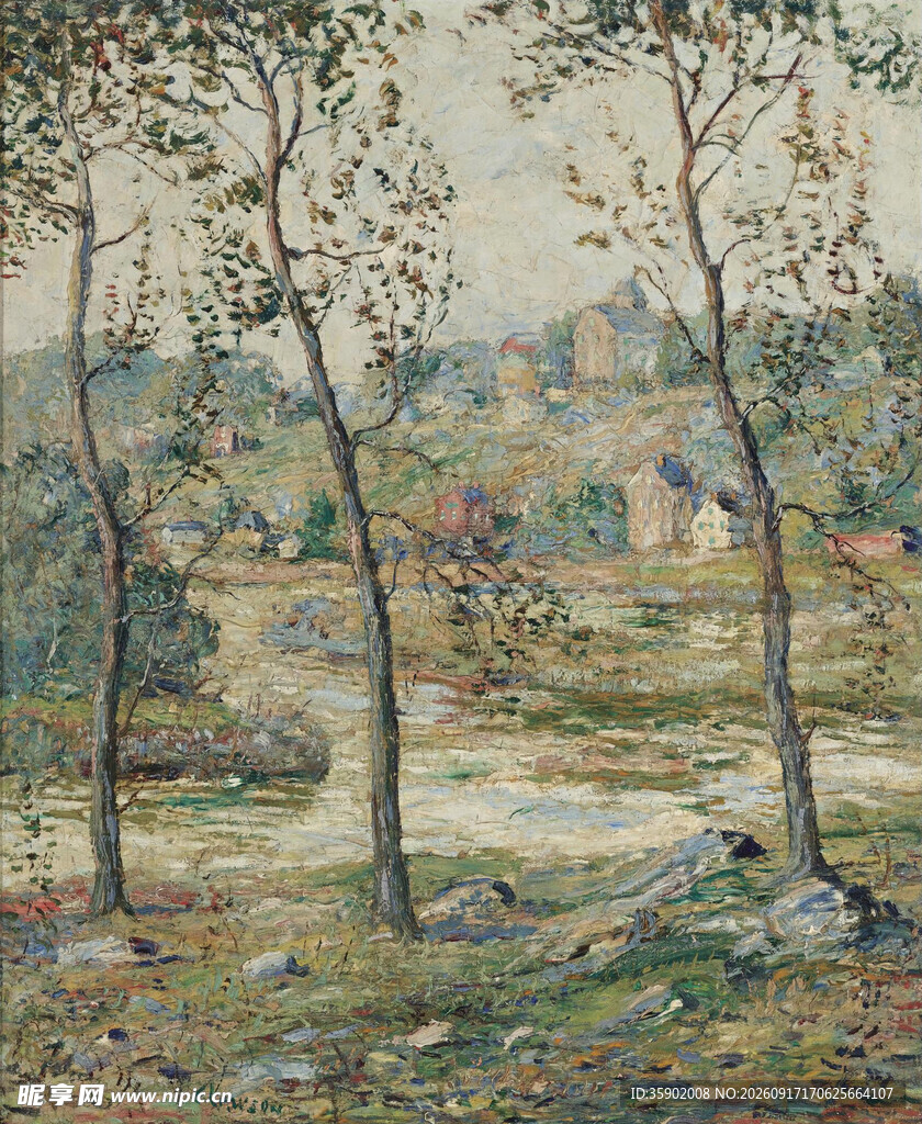 乡村林间风景油画