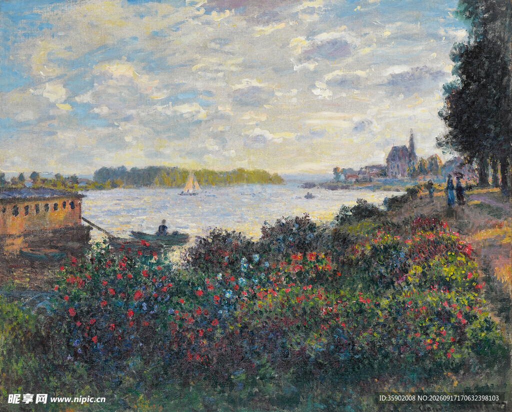 河畔繁花风景油画