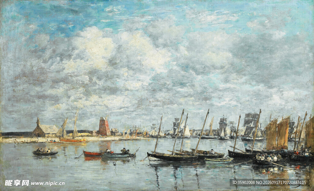 河畔港口风景油画